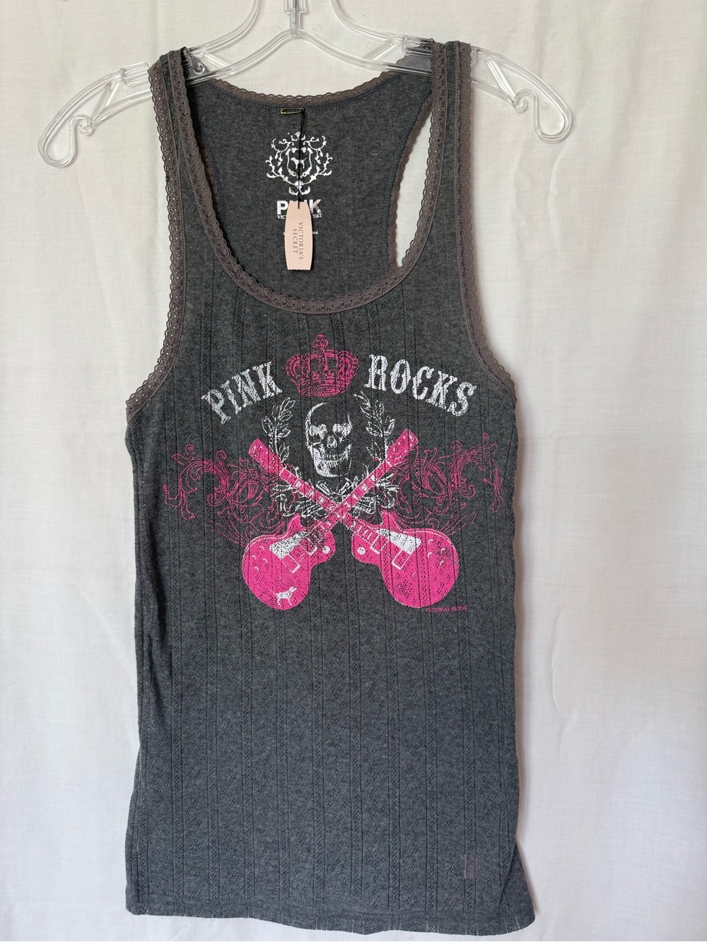 VINTAGE Y2K 2006 Victoria’s Secret PINK Rocks Skull Guitar Lace Tank Top M NWT